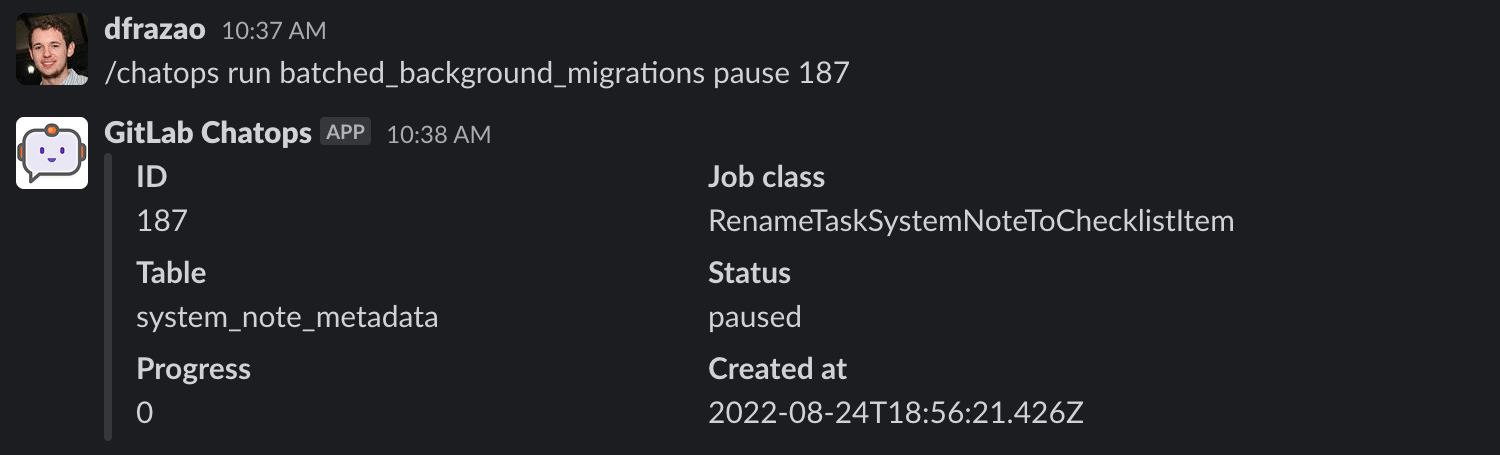 Output of the ChatOps command to pause a specific batched background migration using MIGRATION_ID.